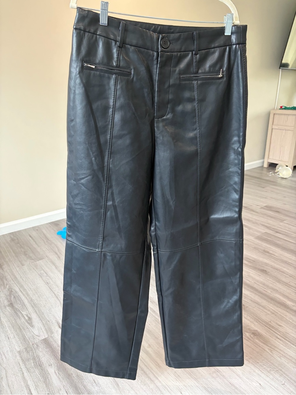 Commense Black Faux Leather Wide-Leg Pants